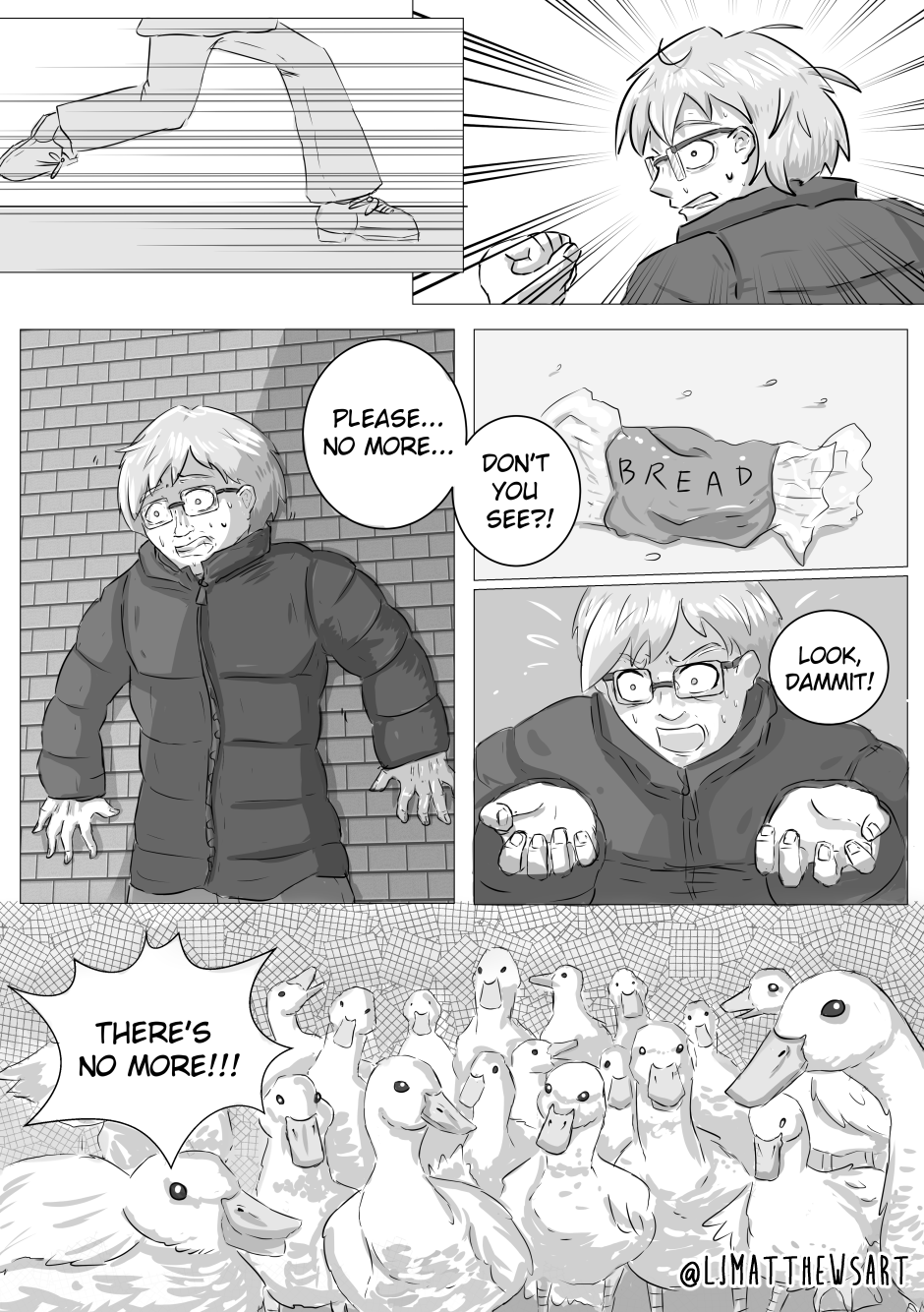 A comic of a man being terrorised by hungry ducks.