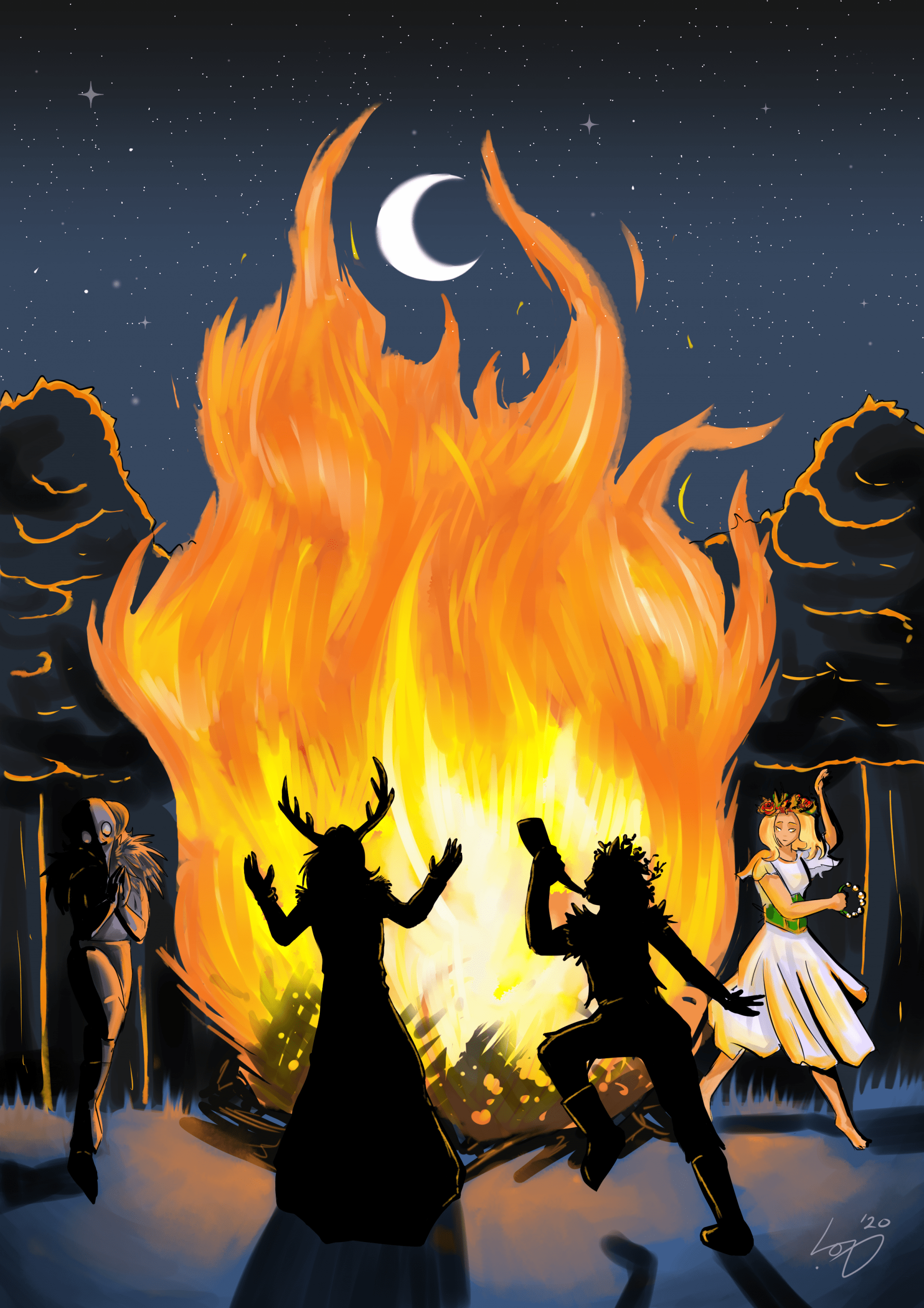 Illustration of ghostly figures dancing around a fire.