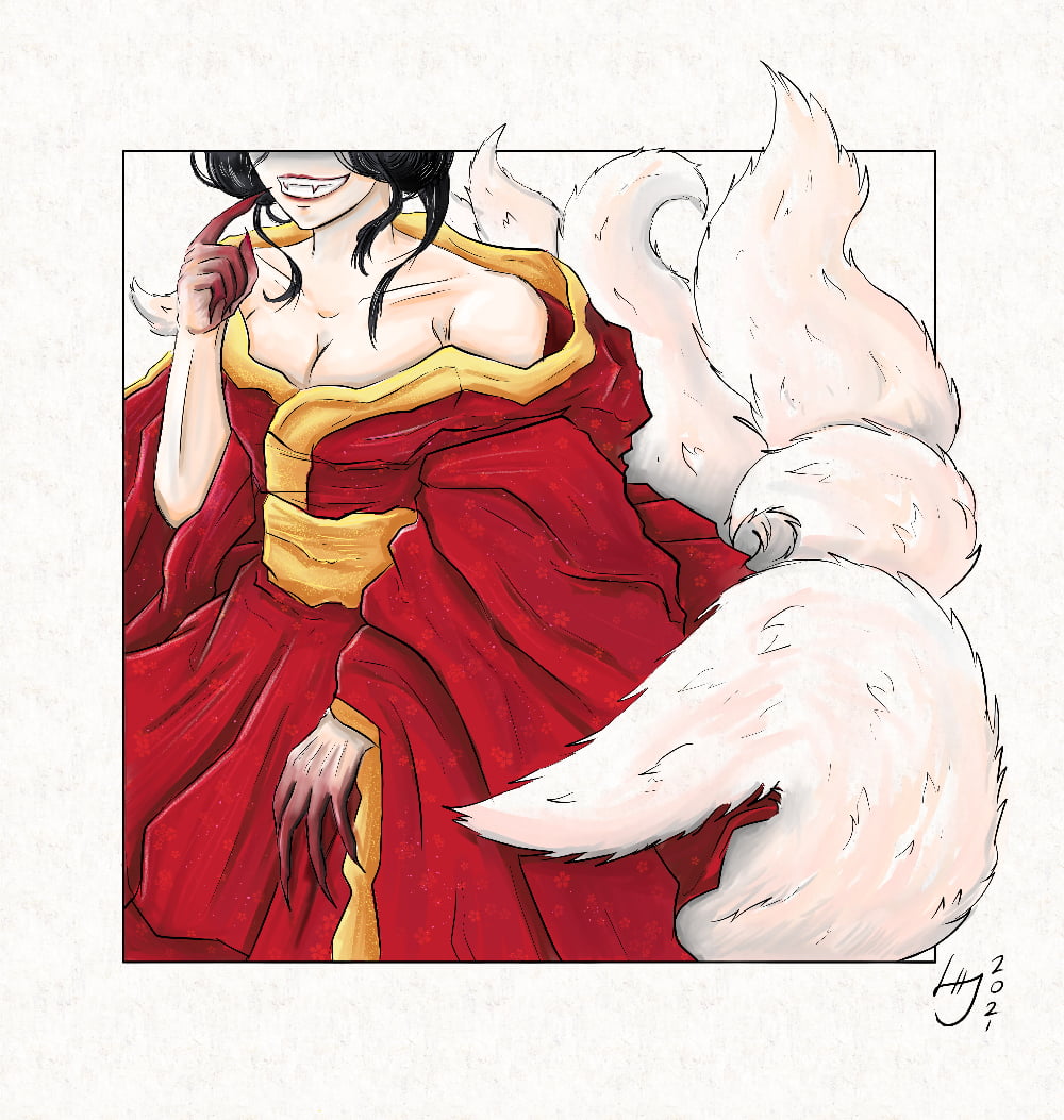 Illustration of a fox woman with many tails, sharp teeth blood red claws. Her face is only partially visible