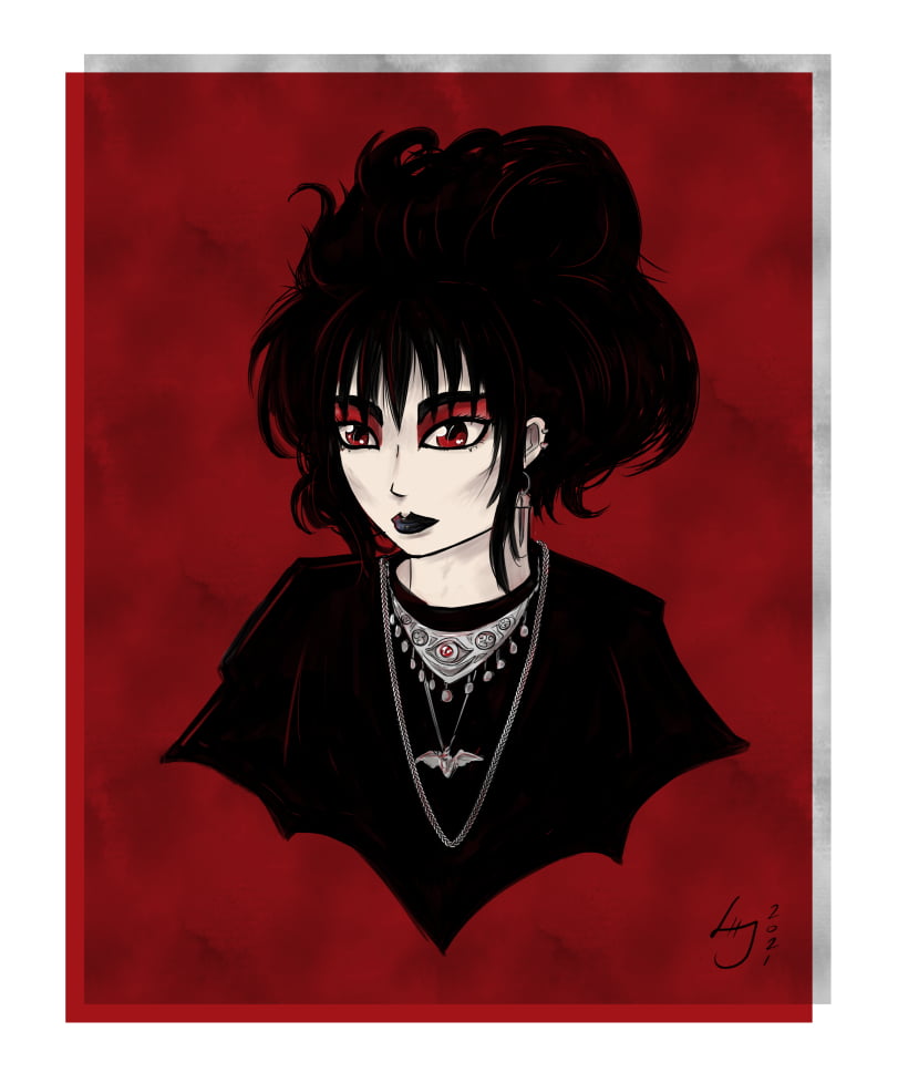 Illustration of a young goth woman in 80s style clothes