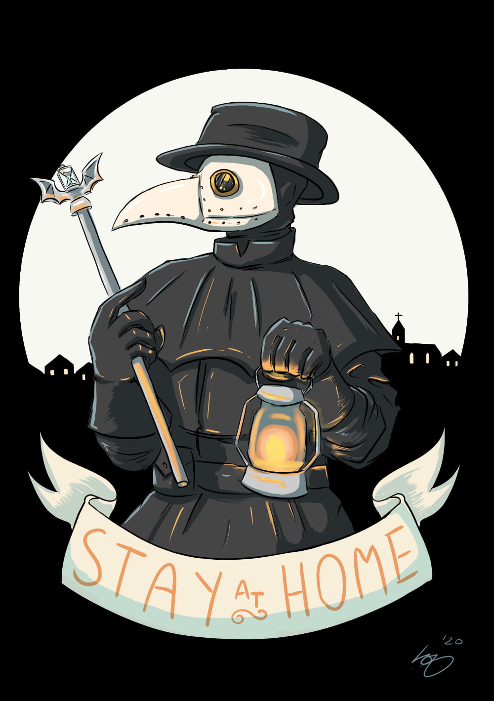 Illustration of a plague doctor carrying a sceptre and lamp, before silhouettes of a moonlit village. Below him is a banner that reads STAY AT HOME